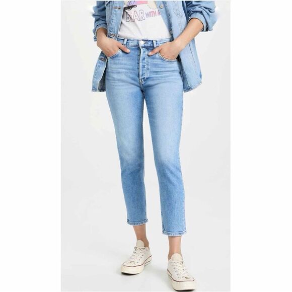 Re/Done 90s High Rise Ankle Crop Jeans Bright Faded Blue Size 30 - Picture 1 of 16